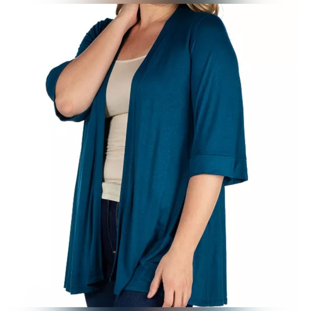 24seven Comfort Apparel Teal Womens Size Large Elbow Length Open Front Cardigan